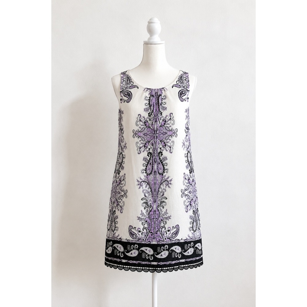 Loft Linen Blend Paisley Lace Trim Sheath Dress Purple Lilac 8 Sleeveless Resort